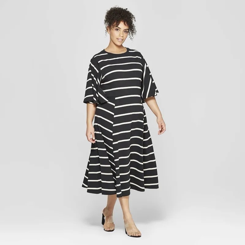 Black & White Striped Bell Sleeve Crew Neck A-Line Dress